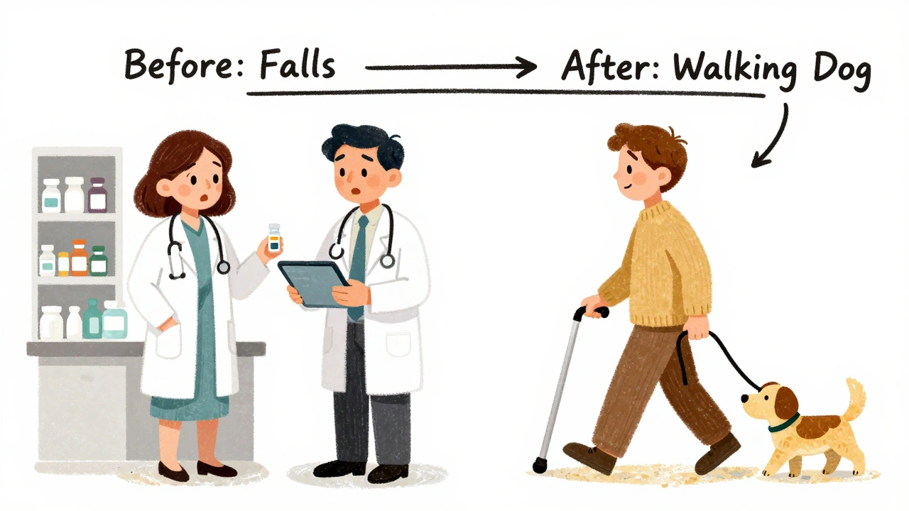 Patient walking confidently with a dog after medication adjustments, showing improved health through team care.