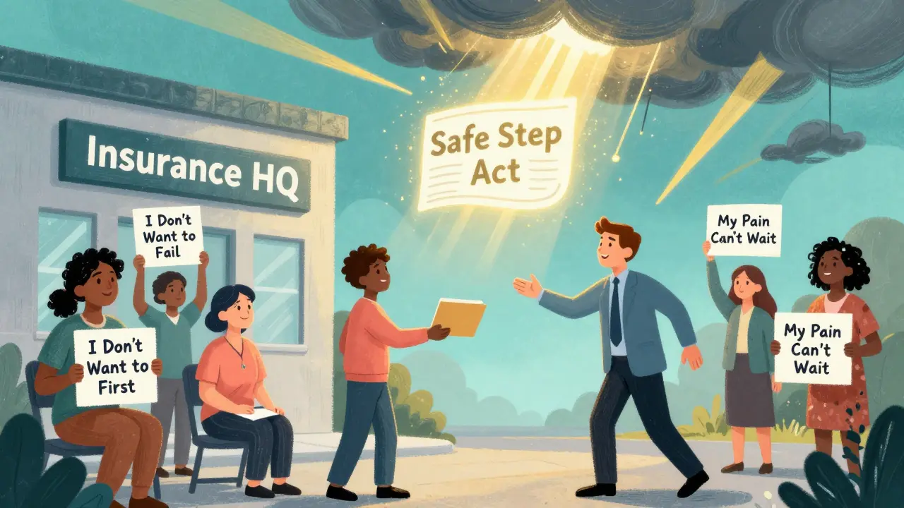 Patients protesting insurance step therapy rules outside an insurance building.