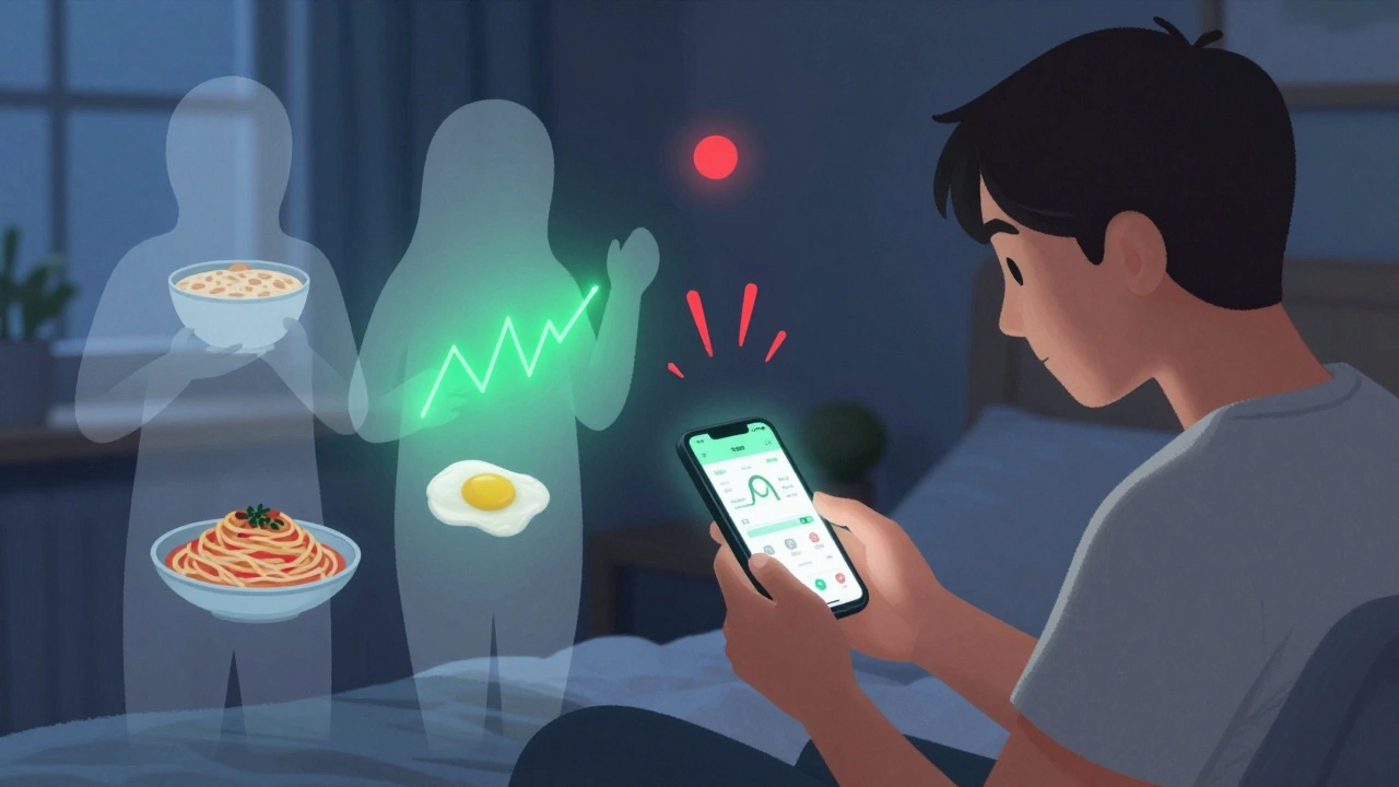 Person checking CGM app at night, with translucent food images showing which meals caused blood sugar spikes.