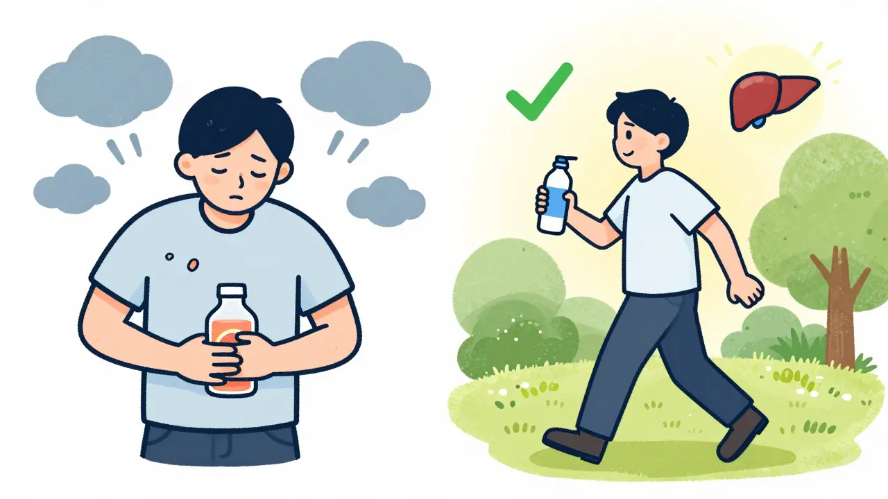 Person comparing unhealthy habits with healthy lifestyle changes, one side stormy, the other bright and walking.