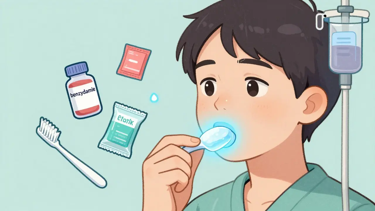 Person holding ice chips during chemo, with protective blue glow around mouth and prevention tools floating nearby.