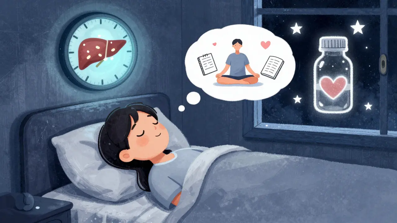 Person sleeping peacefully with glowing liver and circadian rhythm clock above, stars forming a heart around a pill.