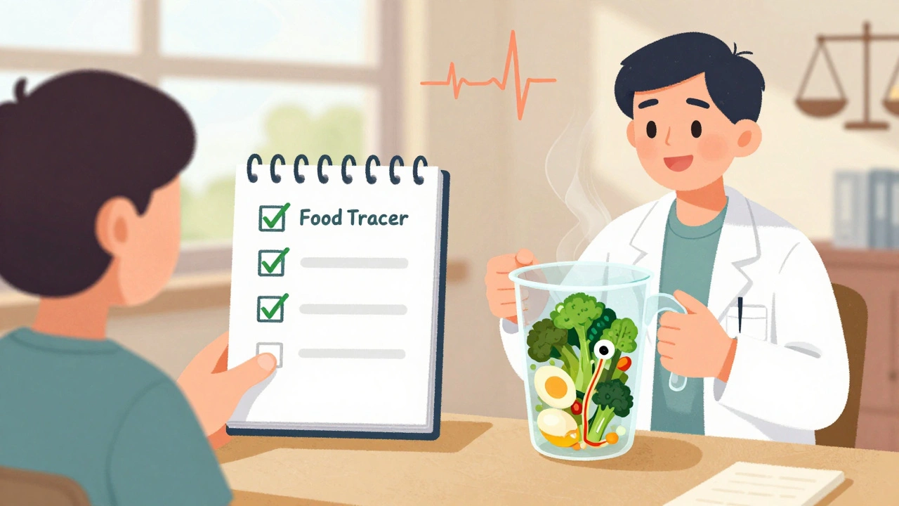 Pharmacist giving a patient a food tracker notebook for vitamin K intake.