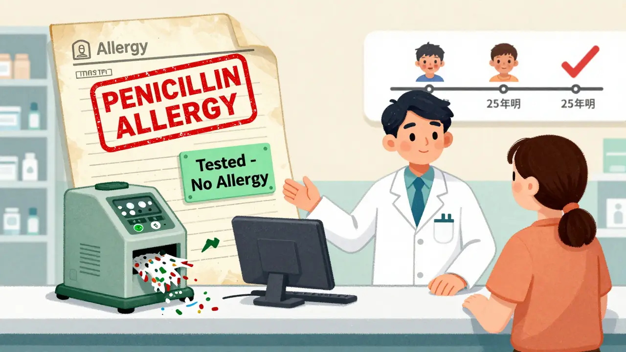 Pharmacist helping patient replace outdated allergy label with new test result, old chart being shredded.