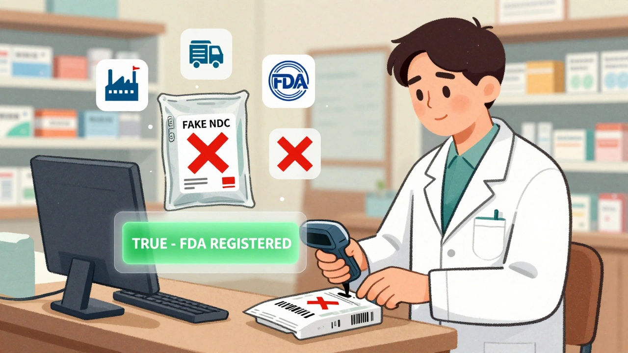 Pharmacist scanning a medication barcode with a real-time FDA verification status display.
