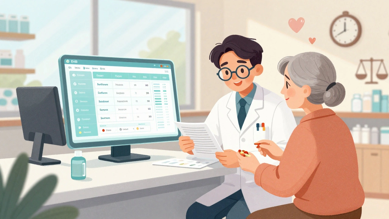 Pharmacist talking to an elderly patient at a pharmacy counter about side effects of multiple pills.