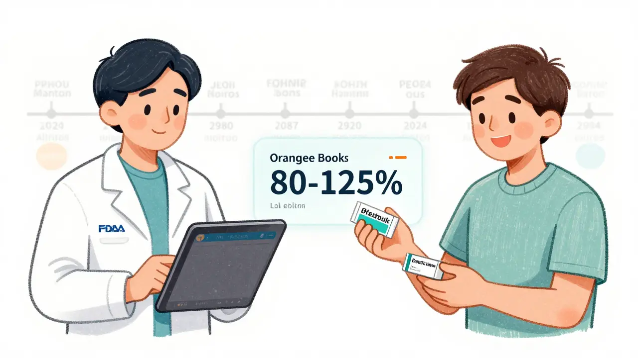Pharmacist using tablet to verify generic drug while patient receives prescription with bioequivalence data overlay