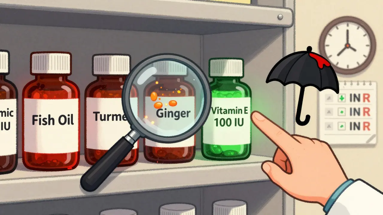 Pharmacy shelf with red-glowing supplements and a green-labeled low-dose vitamin E, under a magnifying glass showing blocked platelets.