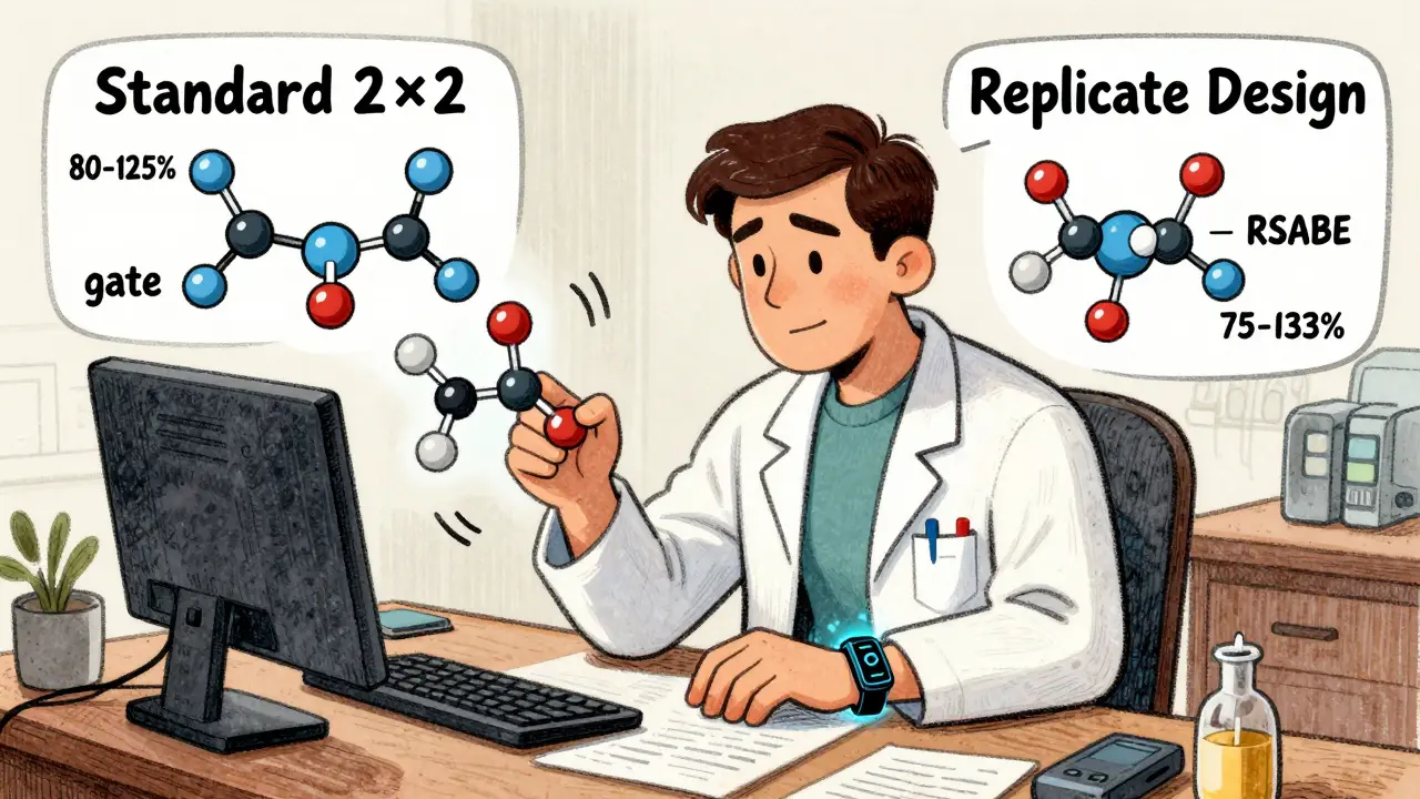 Scientist with drug molecules and adjustable bioequivalence gates representing RSABE method.