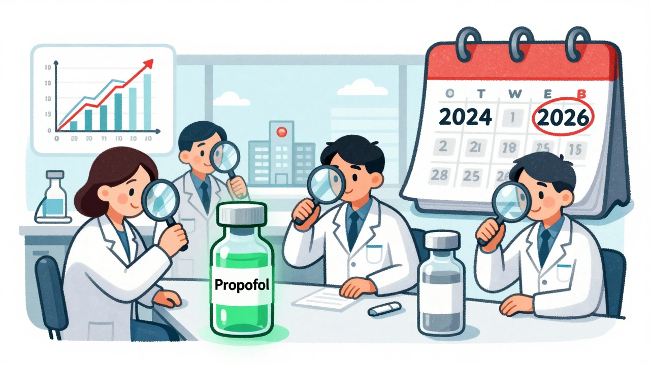 Scientists in a lab reviewing stability data for an extended-expiration drug vial.