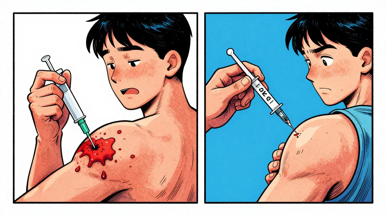 Side-by-side comparison: reused needle causing bruising and erratic insulin flow vs. fresh needle with proper technique and smooth absorption.