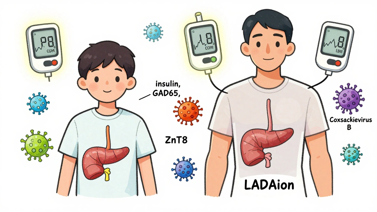 Side-by-side illustration of child and adult with type 1 diabetes showing different progression rates of beta cell loss.
