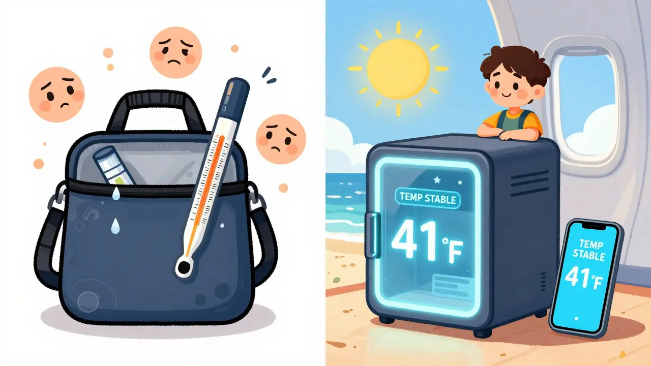 Side-by-side: left shows degraded insulin in cheap cooler, right shows stable meds in high-tech fridge.