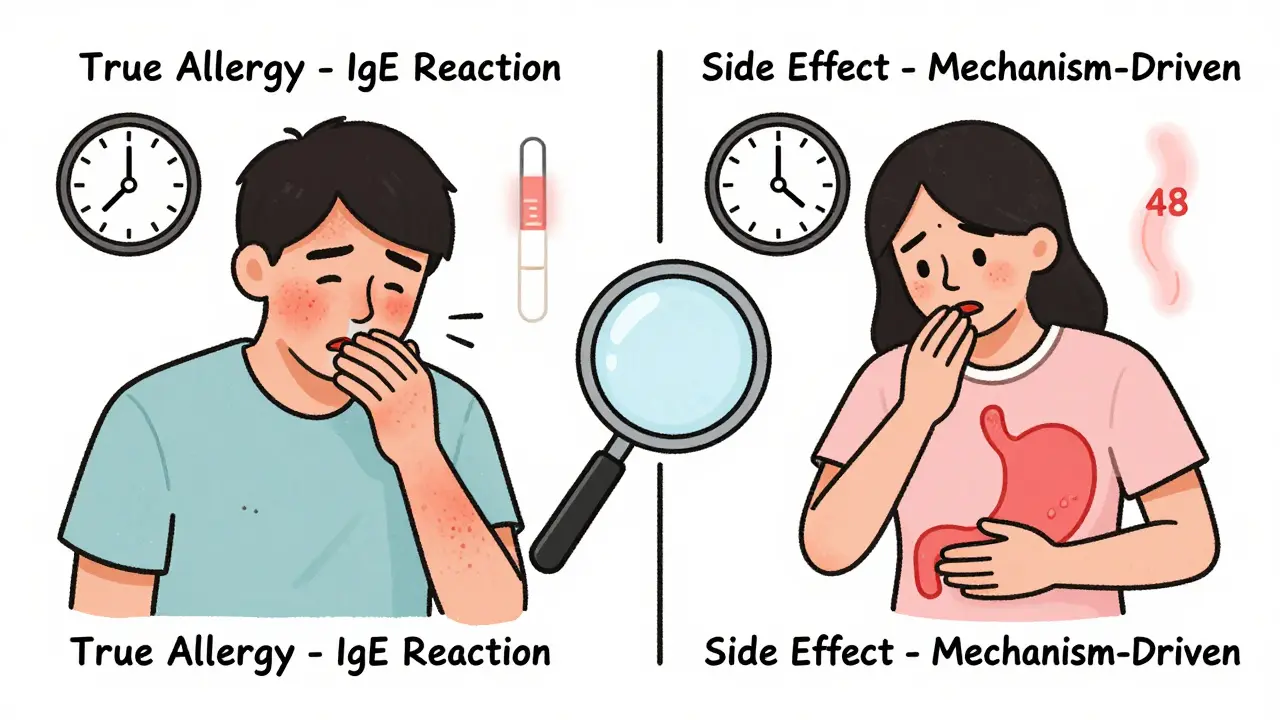 Split illustration comparing allergic reaction (15 min) vs. side effect (48 hours) with timing icons.