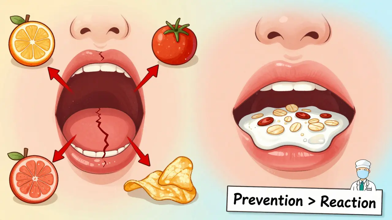 Split image: painful mouth ulcer on left, healed mouth with soft foods on right, showing prevention vs. reaction.