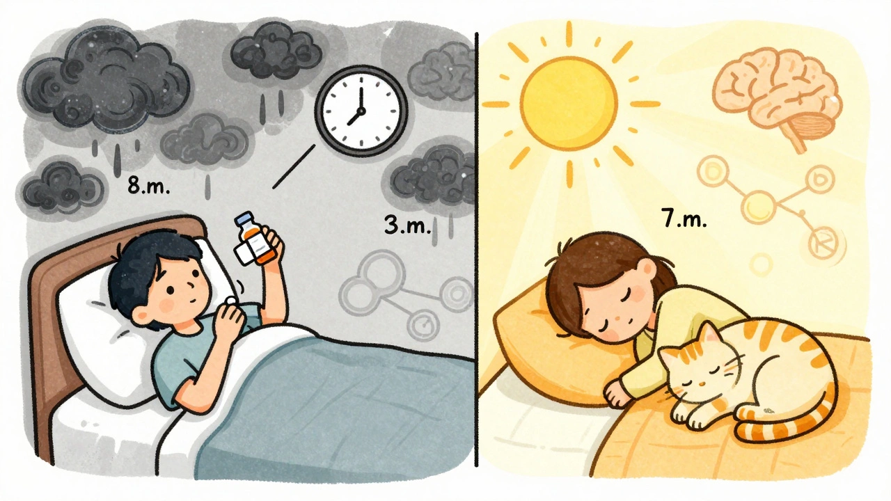 Split image: taking antidepressant at night vs. morning, with stormy vs. sunny visuals.
