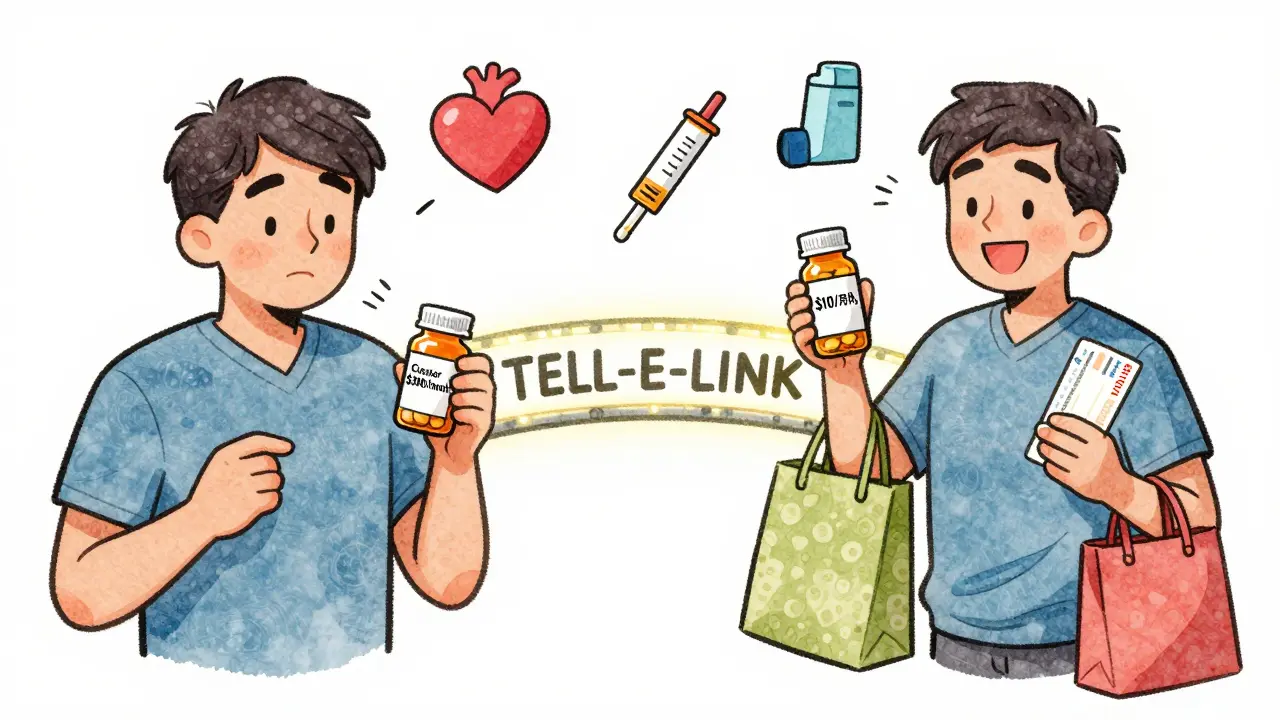 Split scene: patient struggling with cost vs. thriving with affordable generic, connected by a bridge labeled TELL-E-LINK.