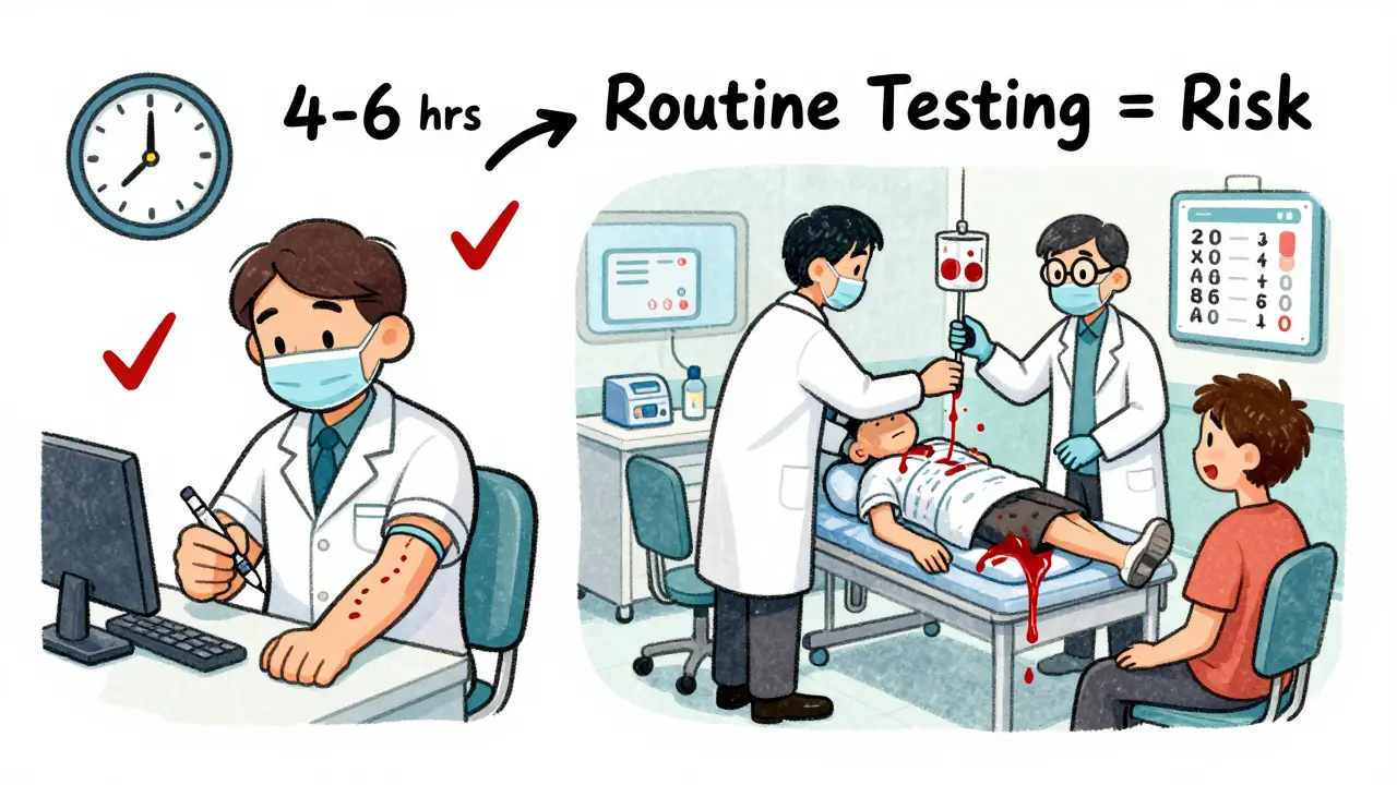 Split scene: proper blood draw timing vs. dangerous misuse of Anti-Xa results in emergency setting.