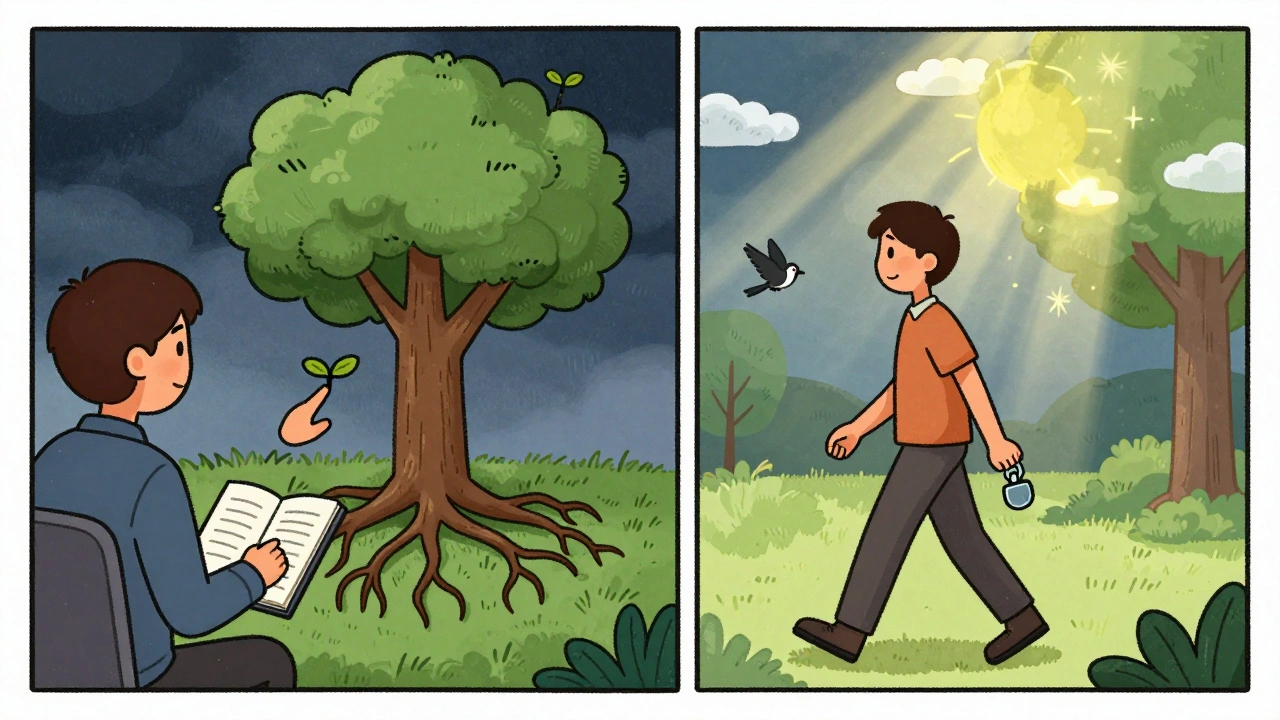 Split scene: therapy session with a tree symbol on one side, person walking in sunlight with a locket on the other.