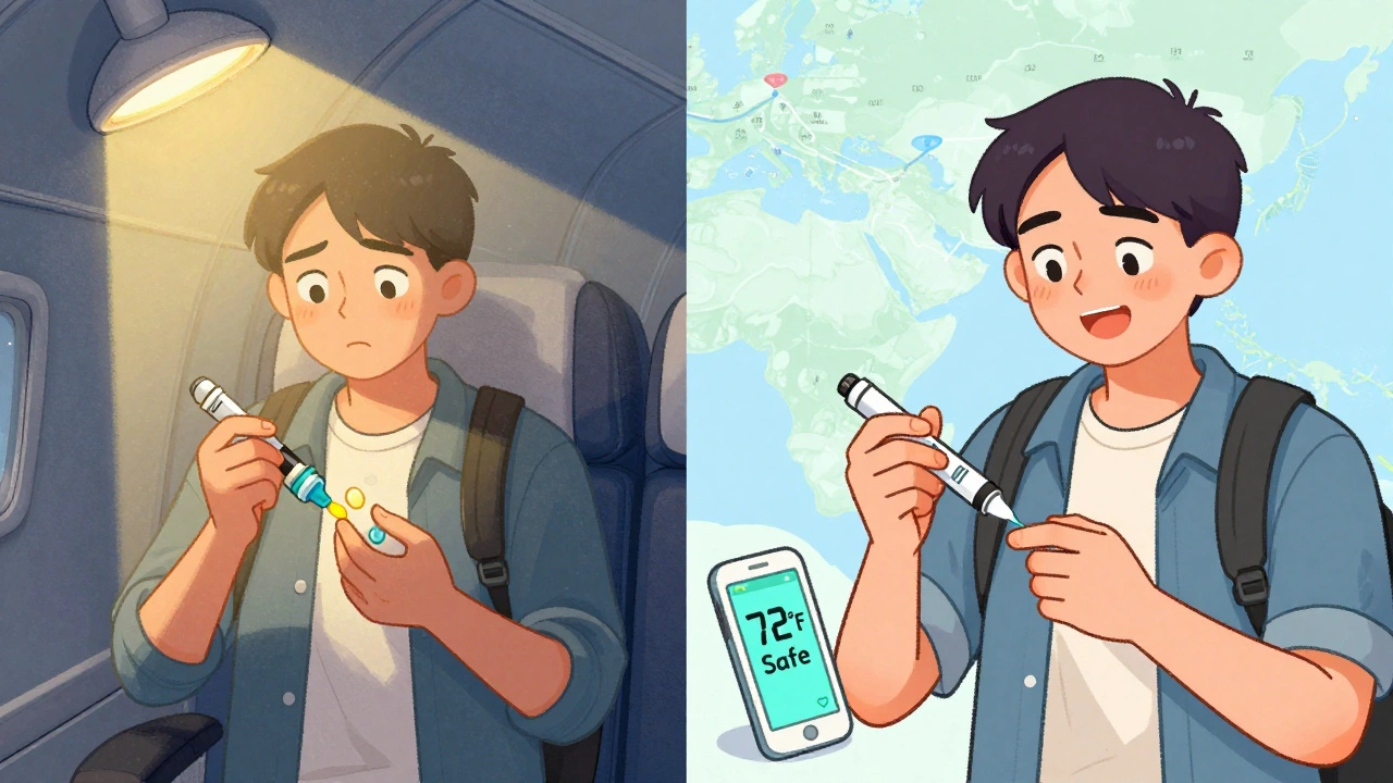 Traveler checking insulin for damage and replacing it with backup during long flight, phone shows safe temperature.