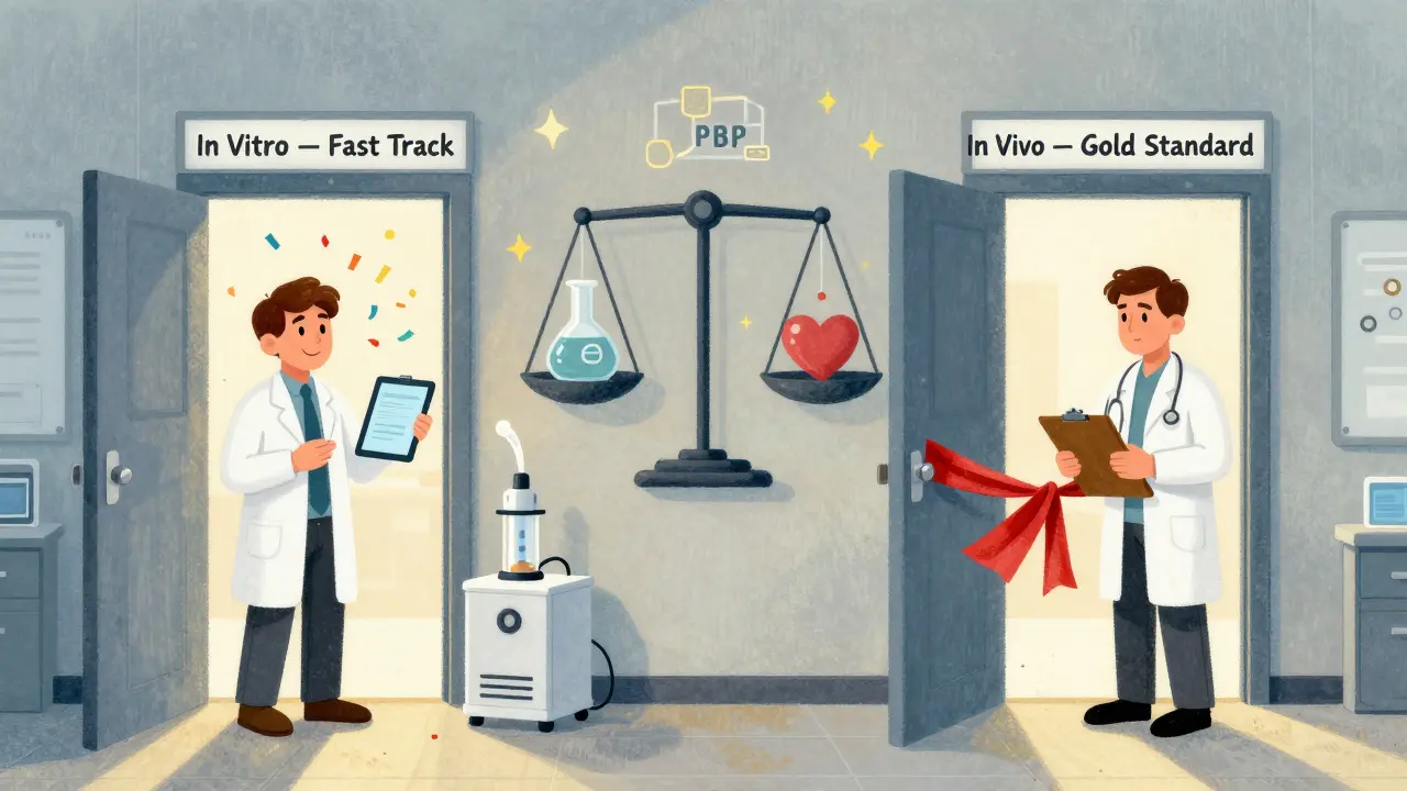 Two doors labeled in vitro and in vivo at an FDA approval center, with scientific tools and symbols floating around.