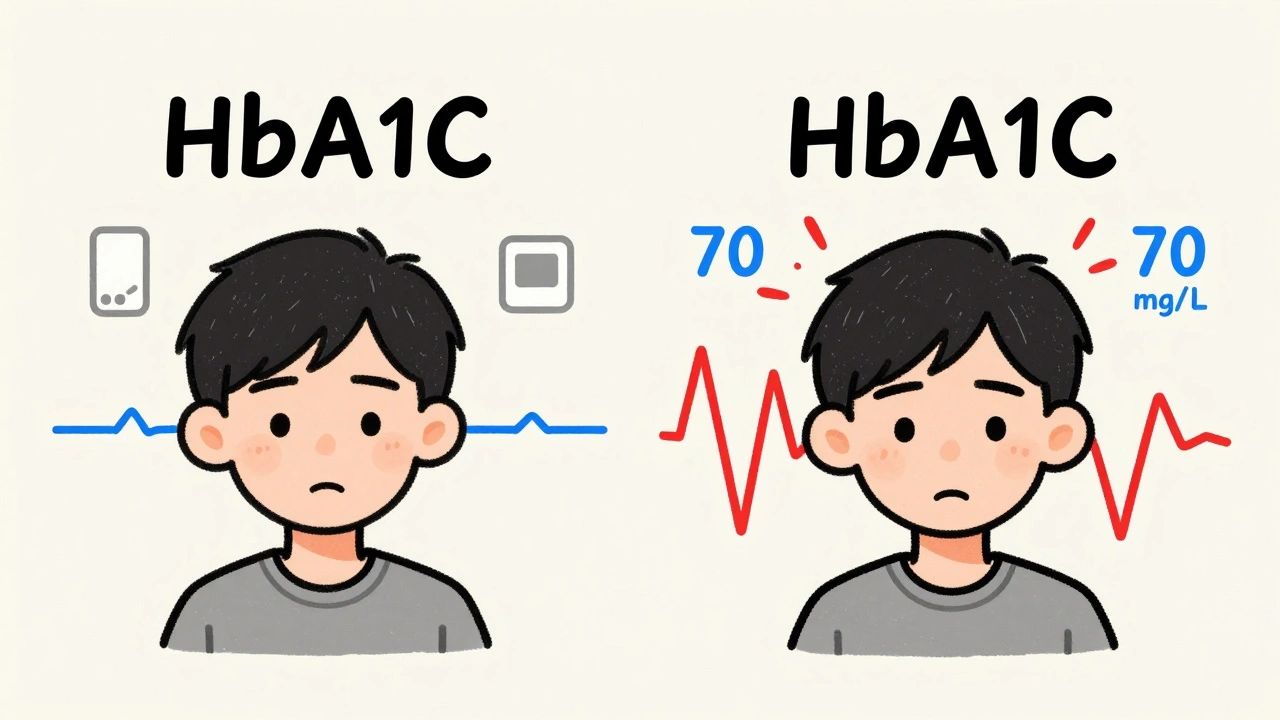 Two people with same HbA1c but wildly different glucose patterns — one steady, one with dangerous spikes and dips.