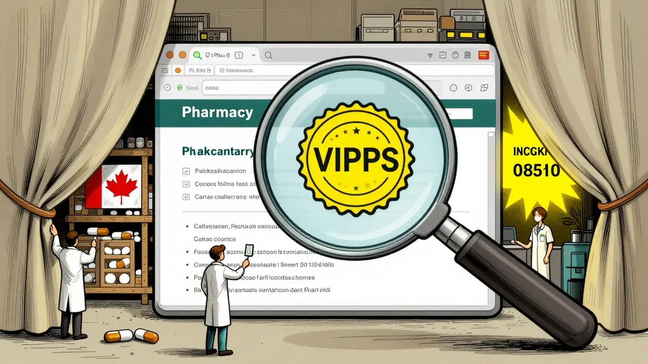 A magnifying glass revealing hidden scams on a fake pharmacy website, including fake seals and overseas call centers.