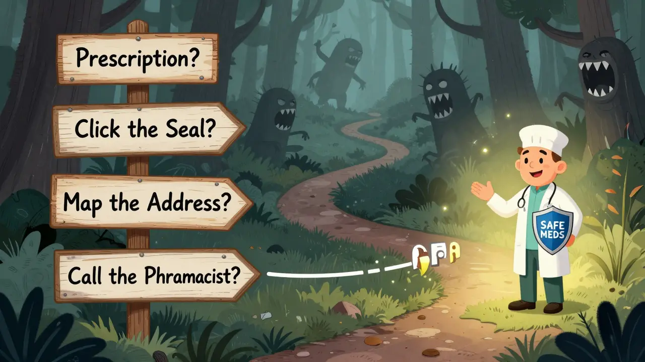A path of five safety steps leading to a trusted pharmacy, while dangerous scam sites fade into the background.