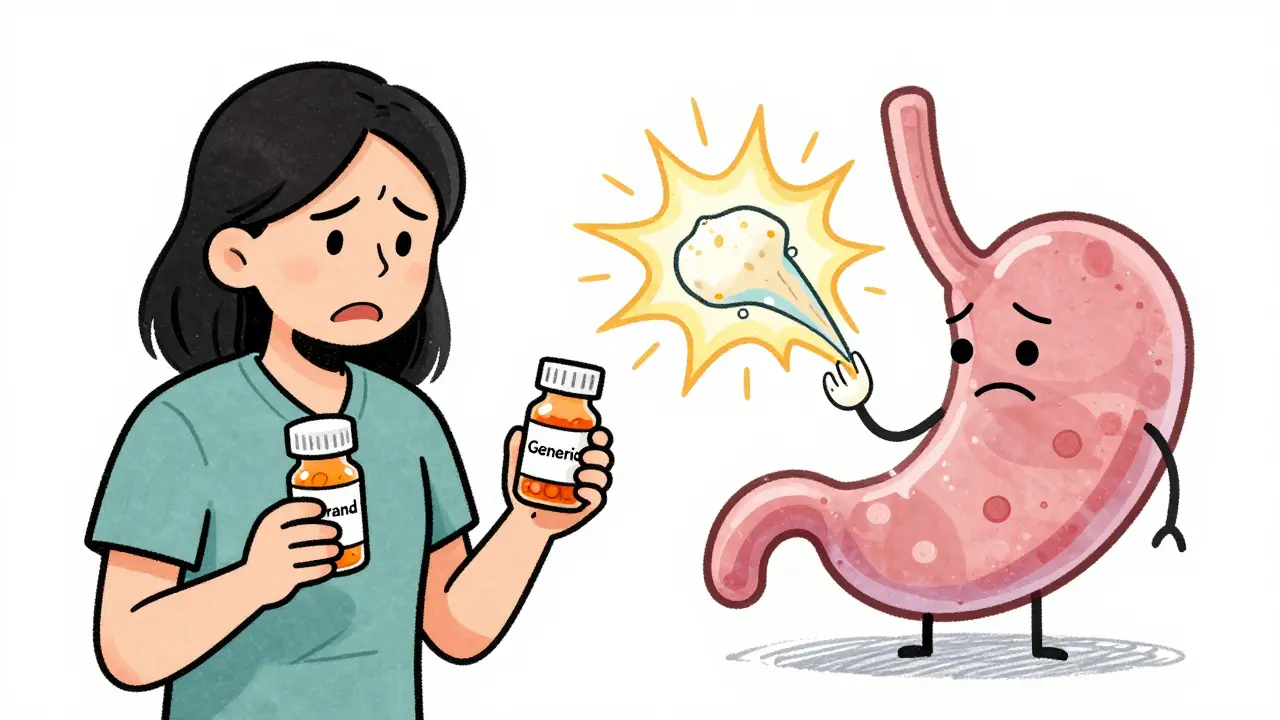 A patient holding pill bottles while their stomach reacts to artificial fillers in cartoon style.