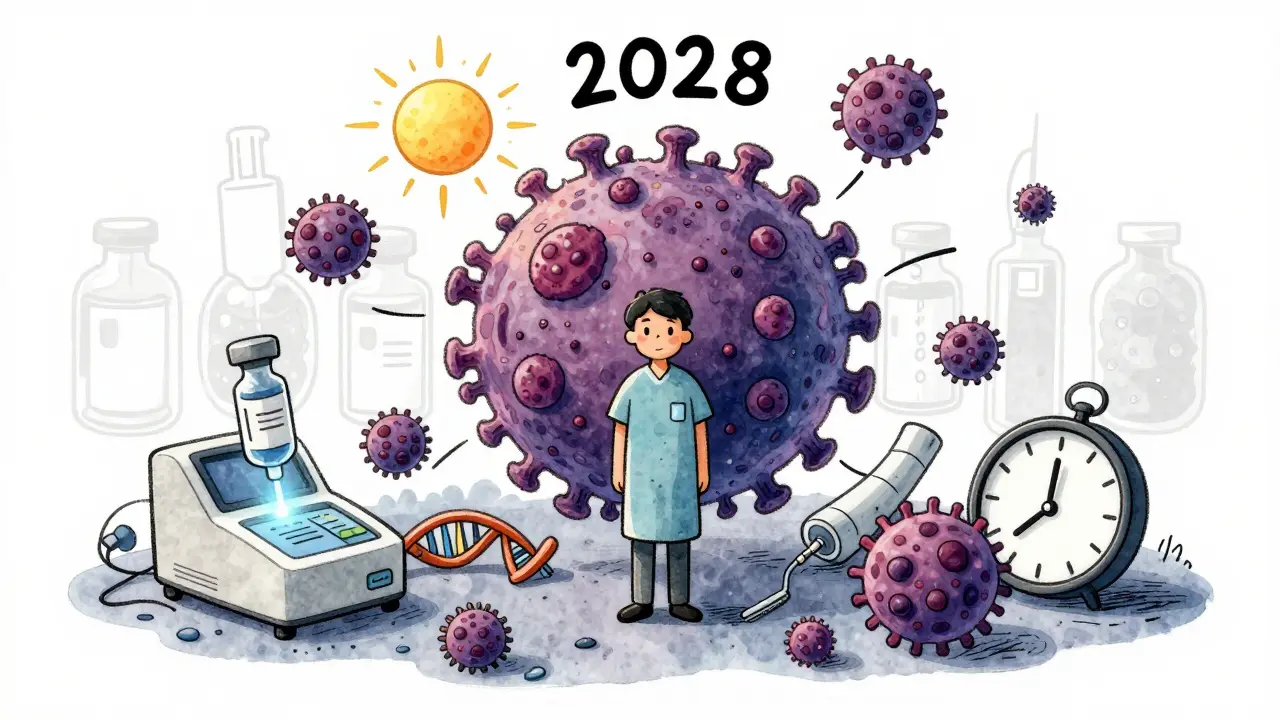 A patient surrounded by emerging cancer-fighting tools as outdated chemo fades away, symbolizing personalized treatment progress.