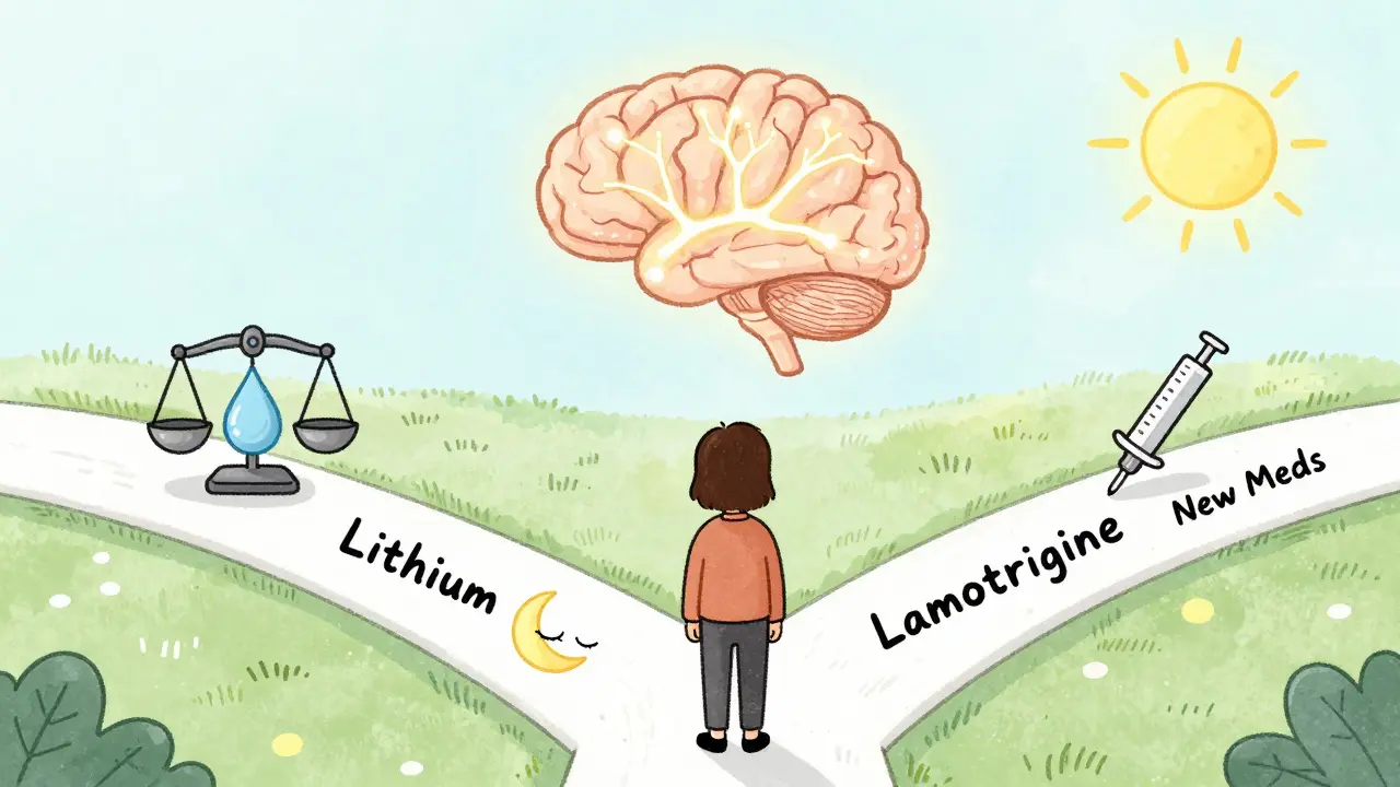 A person at a crossroads choosing between lithium, lamotrigine, or new medications, with a glowing brain showing neural pathways.
