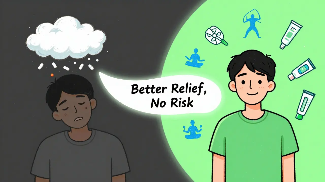 A person transitioning from dark opioid clouds to vibrant non-opioid wellness symbols with a glowing path.