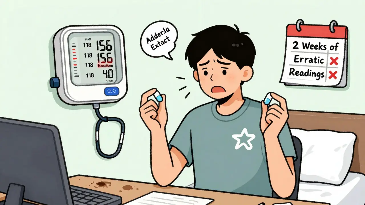 A person watching a wildly fluctuating blood pressure monitor while holding stimulant and supplement pills.