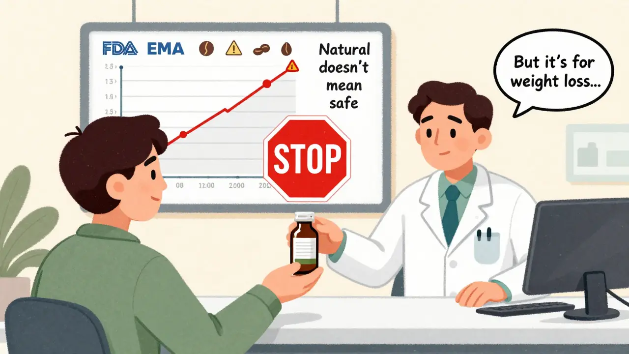A pharmacist refusing to give green coffee extract to a patient with a large red stop sign.