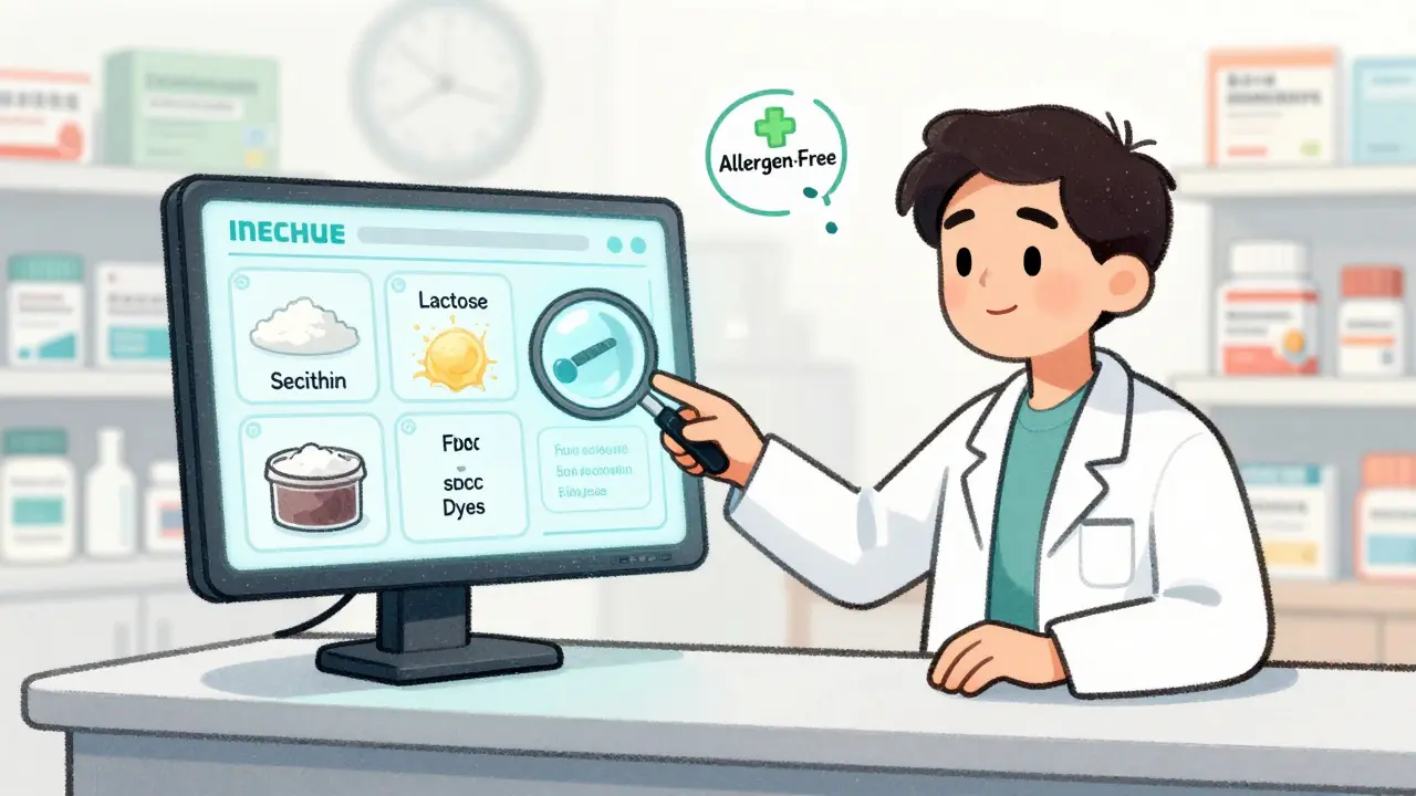 A pharmacist showing a patient an ingredient breakdown screen with an allergen-free badge.