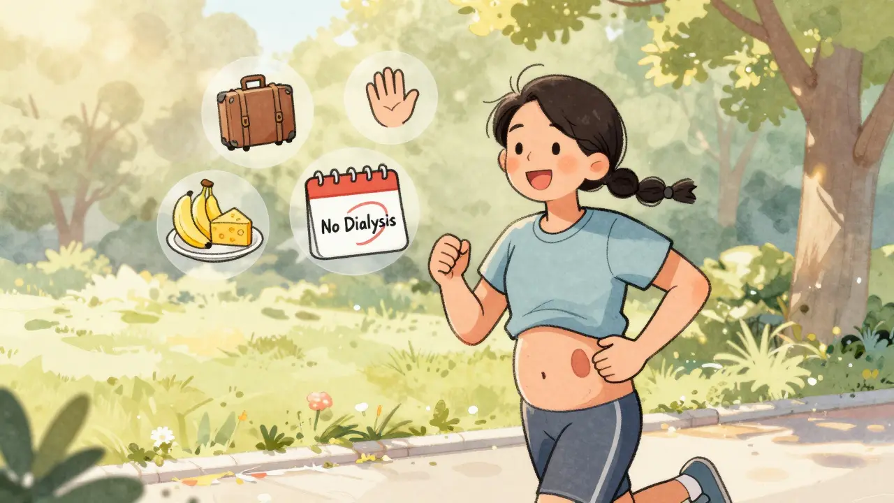 A transplant recipient jogging happily in a park, with symbols of freedom like a suitcase, grandchild, and food floating above them.