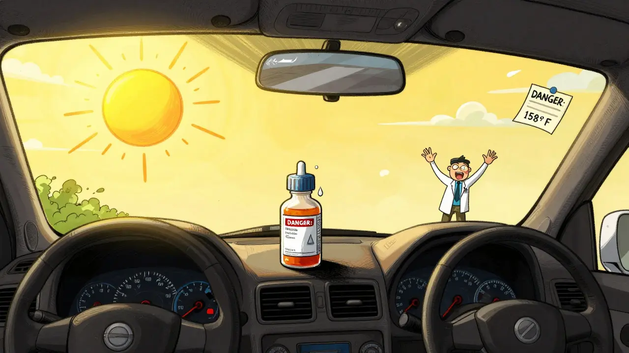 Car interior with insulin bottle on dashboard under a blazing sun, warning temperature sign visible.