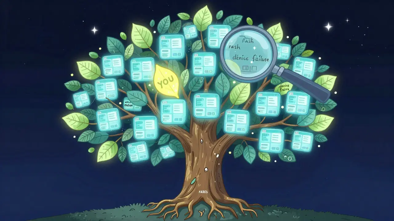 Digital tree of patient reports with one glowing leaf labeled 'YOU' being added.