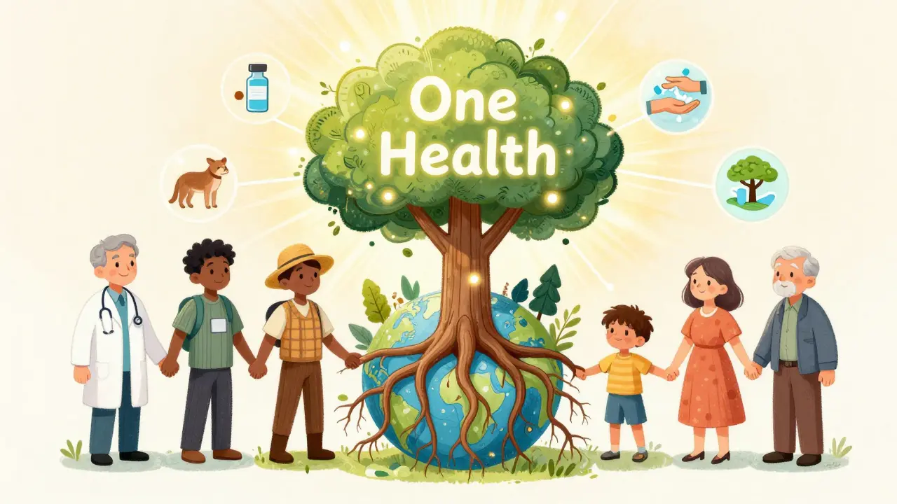 Diverse group holding hands around a tree linking human, animal, and environmental health systems.
