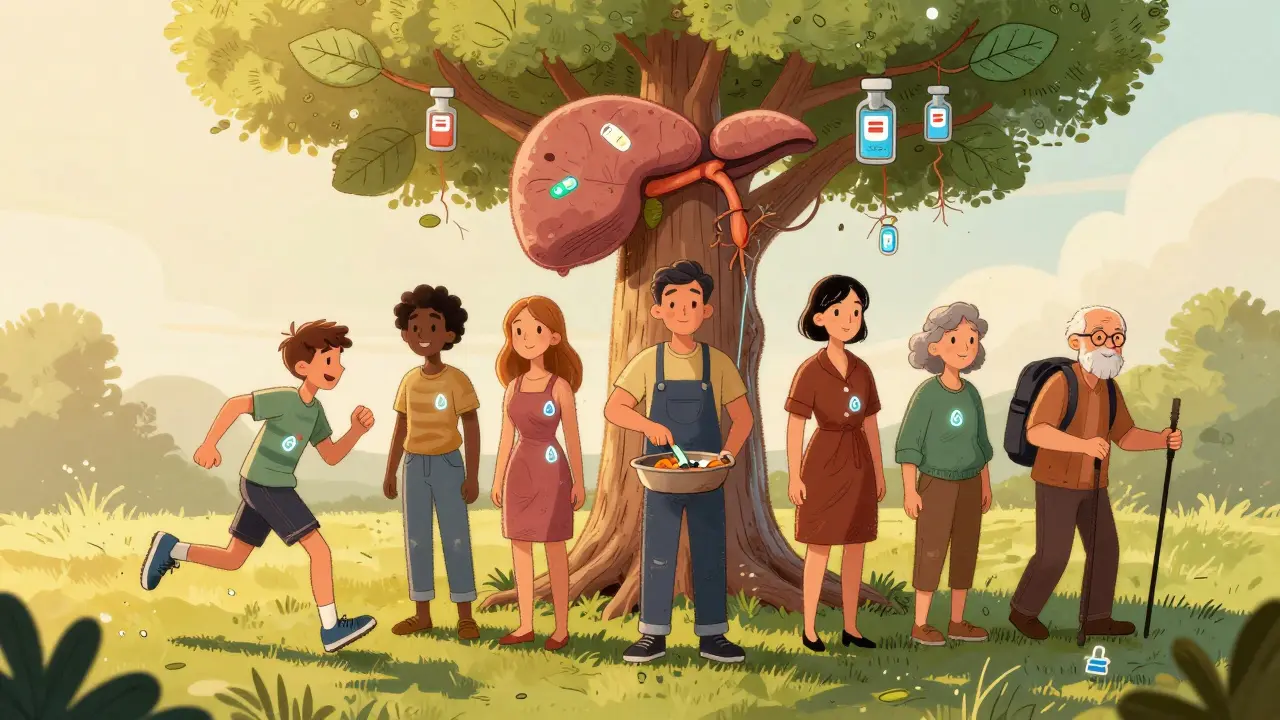 Diverse people living actively with glowing insulin icons and CGMs under a pancreas-shaped tree, drawn in warm hand-drawn style.