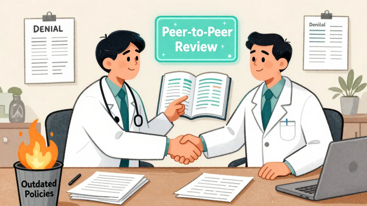 Doctor and insurance doctor shaking hands over medical records during peer-to-peer review