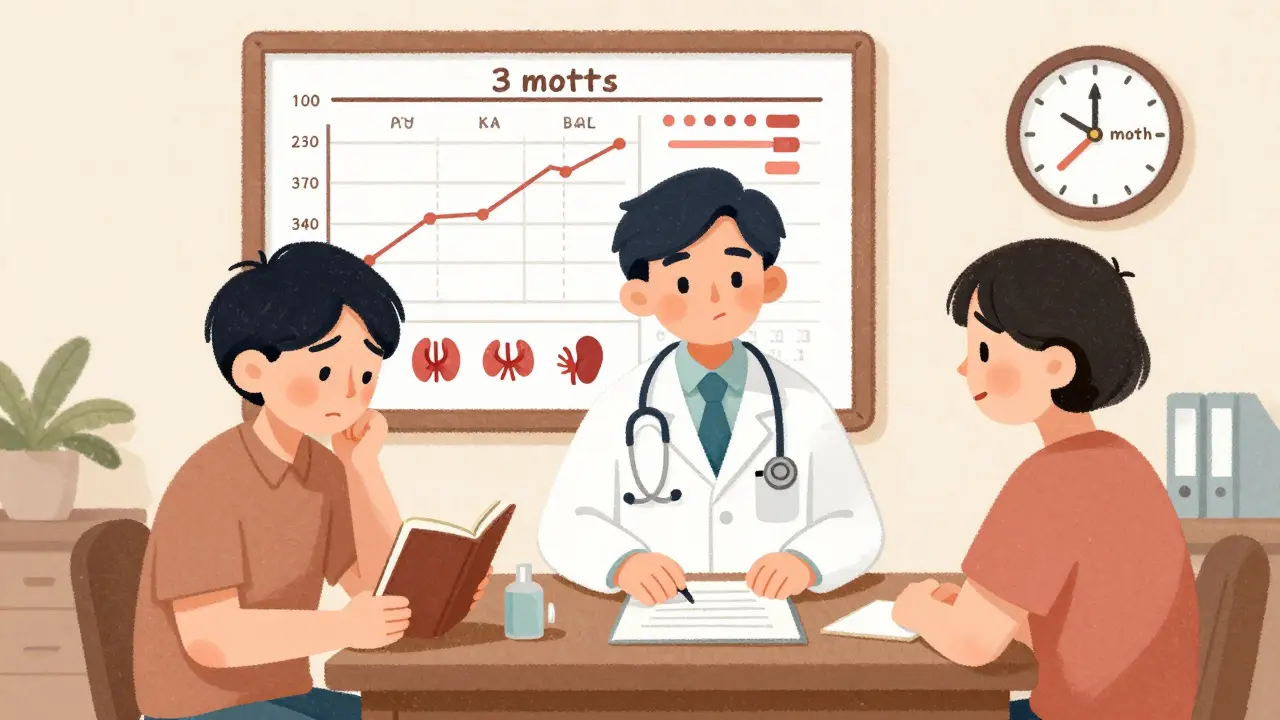 Doctor and patient reviewing blood tests and weight trends at a clinic, with a clock showing progress over three months.
