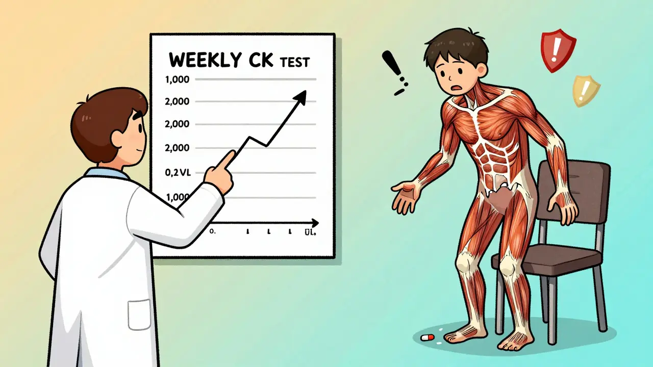 Doctor reviewing CK chart while patient struggles to stand, statin pills falling nearby.