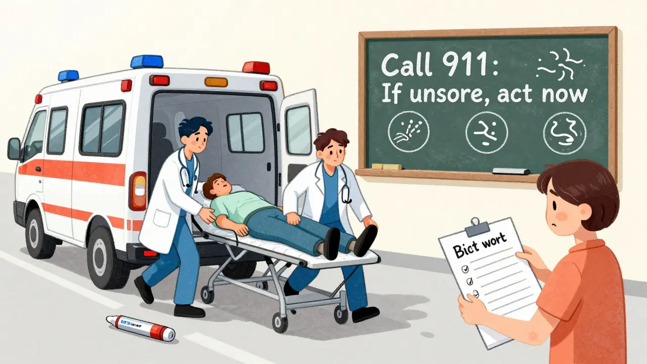 Emergency team loading patient into ambulance, EpiPen on floor, medication list in hand