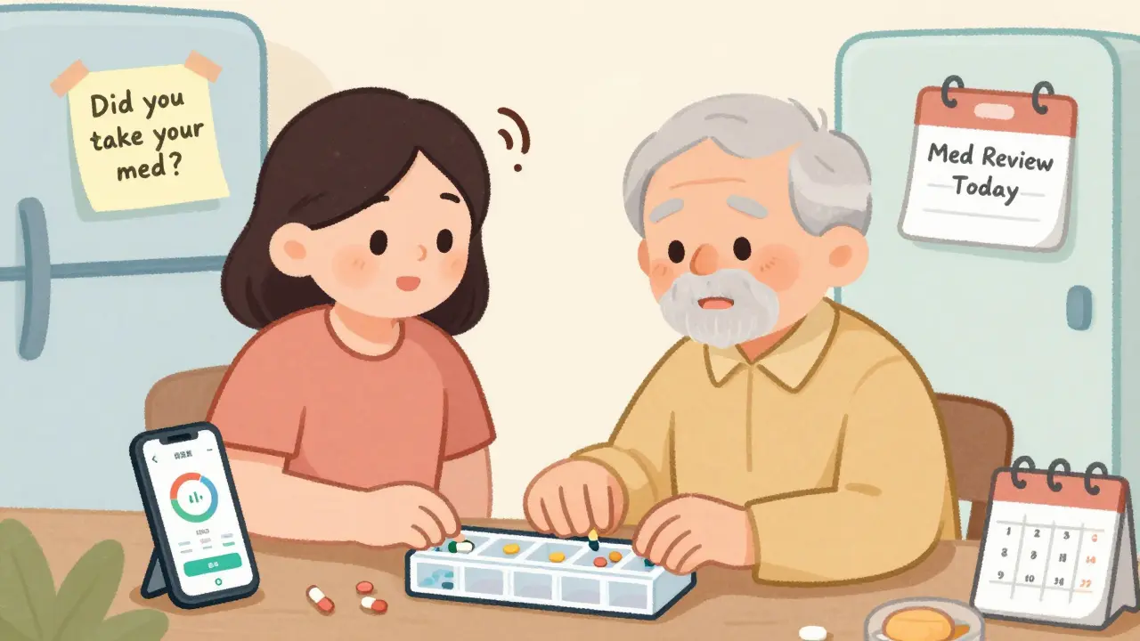 Family member helping an older adult fill a weekly pill organizer, with reminder app and fridge note visible.