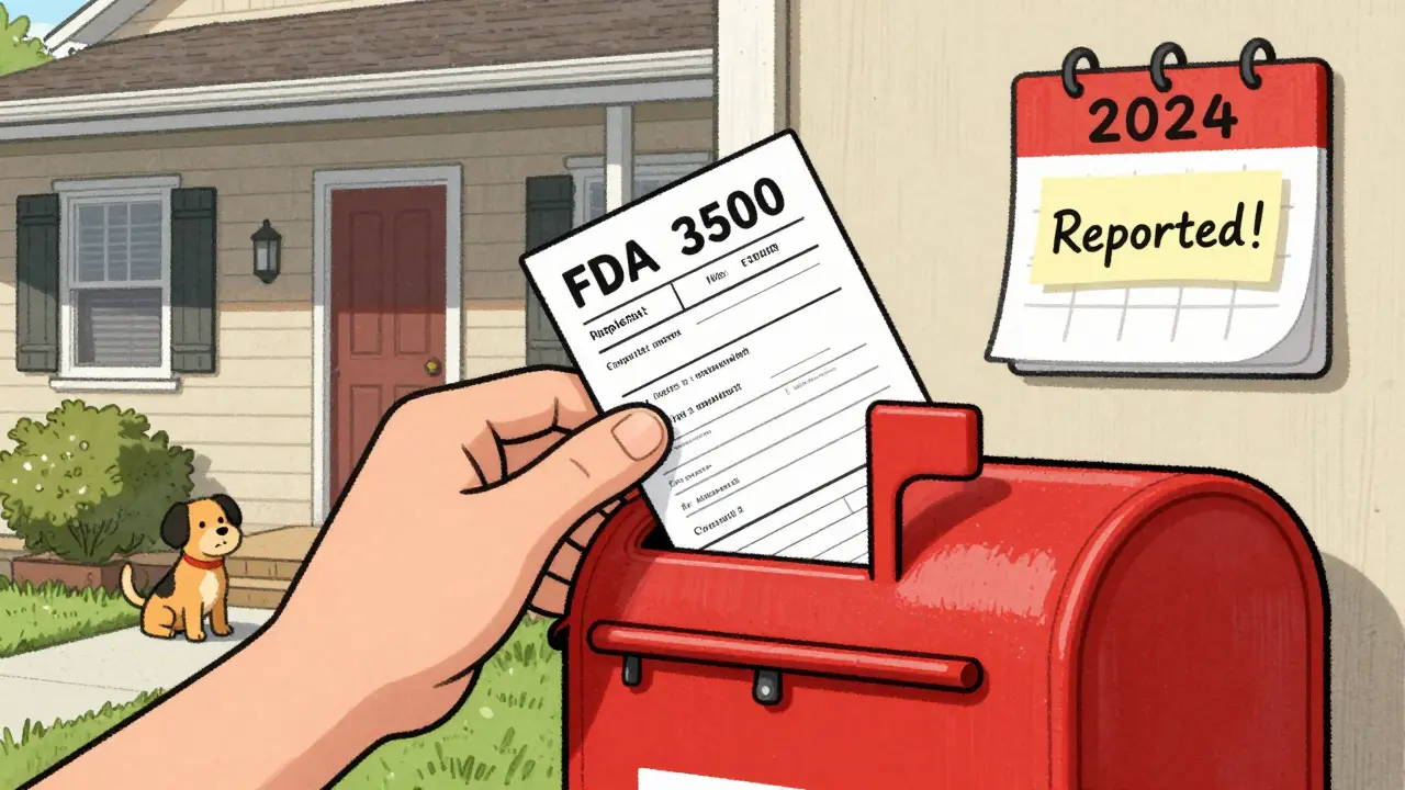 Hand mailing FDA Form 3500 to a red postal box outside a home.