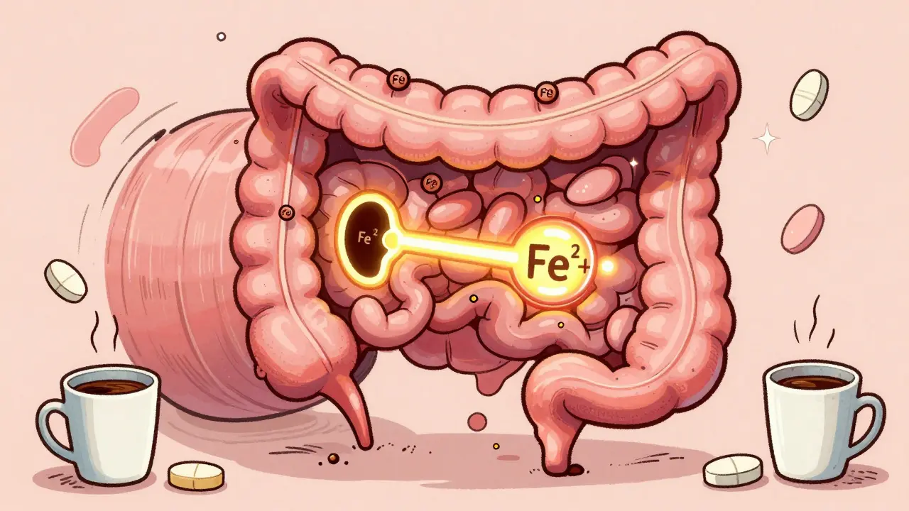 Illustration of iron particles changing form as they pass through a vitamin C keyhole in the intestine, with blockers like coffee and calcium outside.