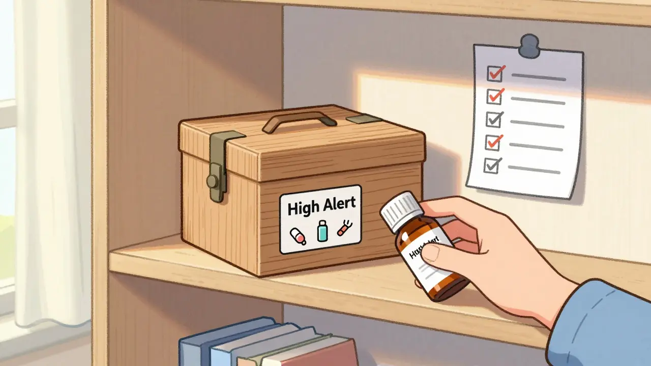 Locked medication box on high shelf with checklist and morning light