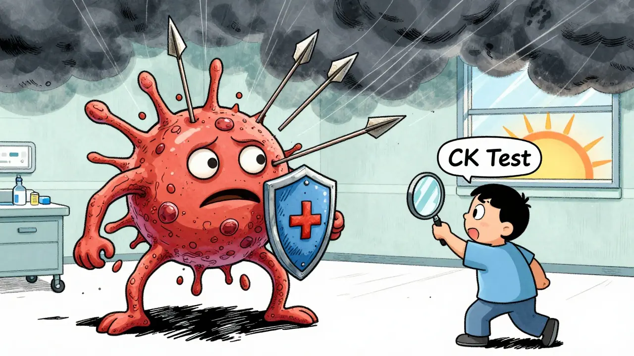 Muscle cell under attack by daptomycin spears, patient using CK test to stop the damage.
