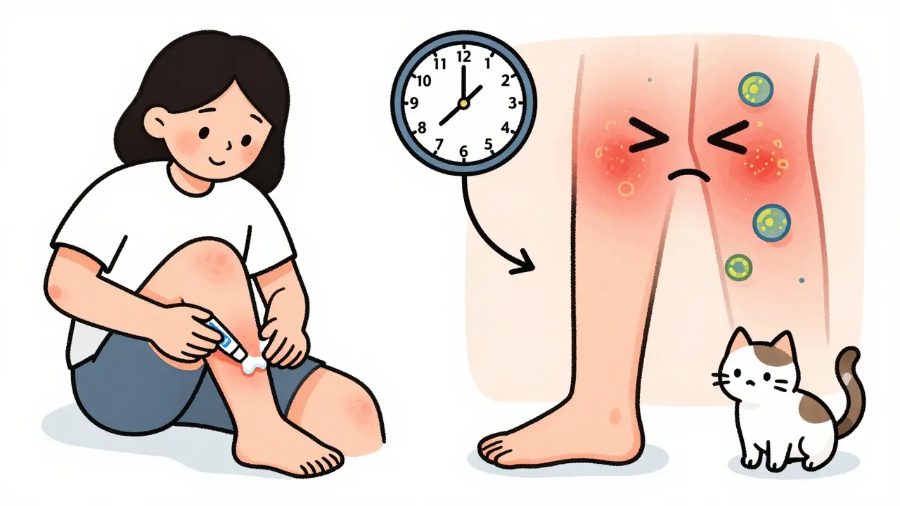 Person applying antifungal cream, split scene showing recovery vs. worsening rash from early stop.